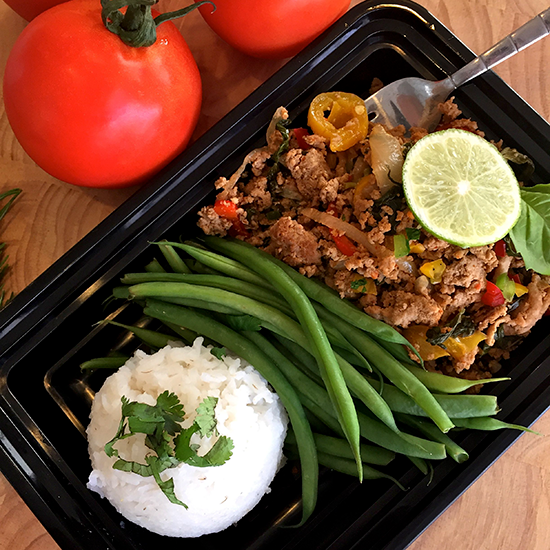 A balanced meal of green beans, ground beef, and white rice prepared by Pure Fit Meal Prep that provide Meal Prep service in Las Vegas, NV
